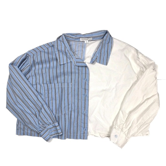 And Now This Tops - And Now This Cropped Blue Stripe & White‎ Colorblock L/S Shirt Women's Size 2XL